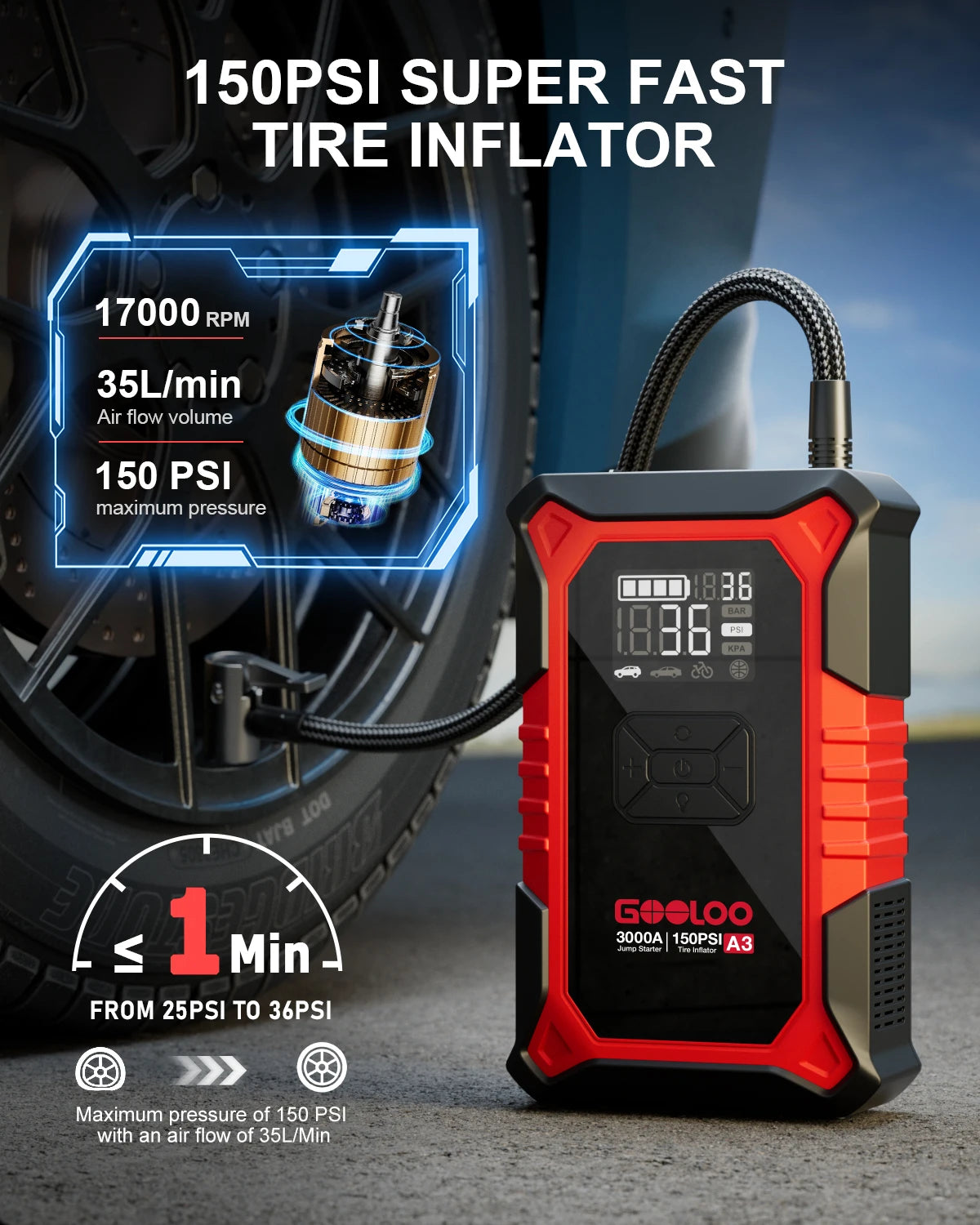 GOOLOO A3 Jump Starter with Air Compressor, 3000A Portable Car Battery Booster (9.0 Gas/6.5L Diesel) with 150PSI Auto-Shutoff Ti