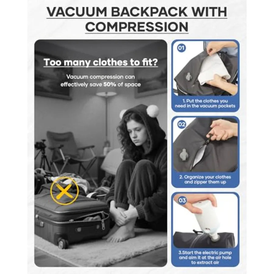 Vacuum Backpack Travel with Pumpvacuum Compression Travel Backpack Personal Item Travel Backpack with Vacuum System Large Car
