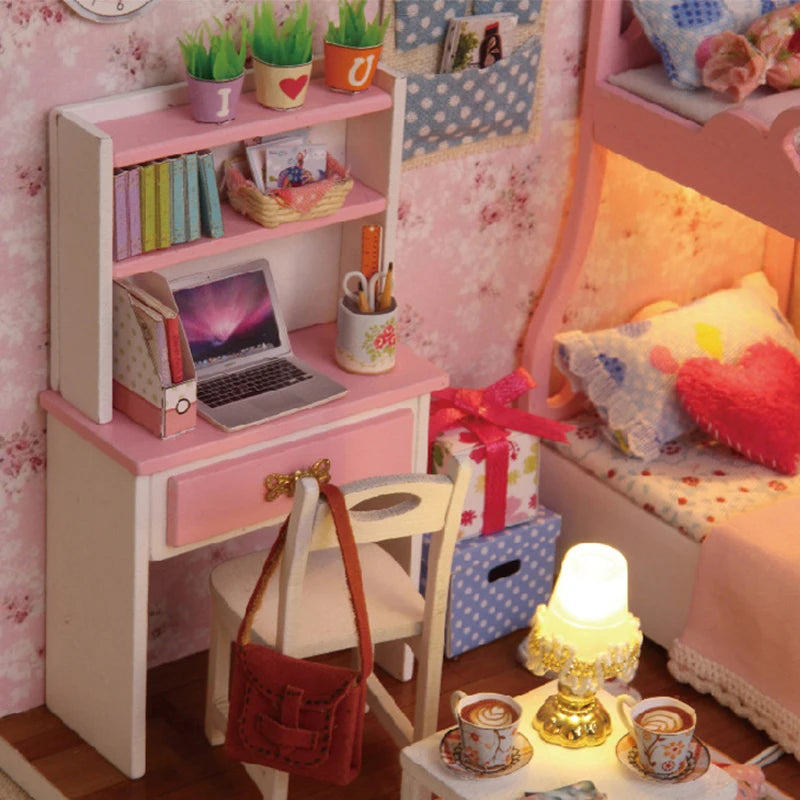 Kitten Mini Dollhouse 3D Puzzle Assembly Kit Creative Bedroom Decor with Furniture Wooden Craft Gift