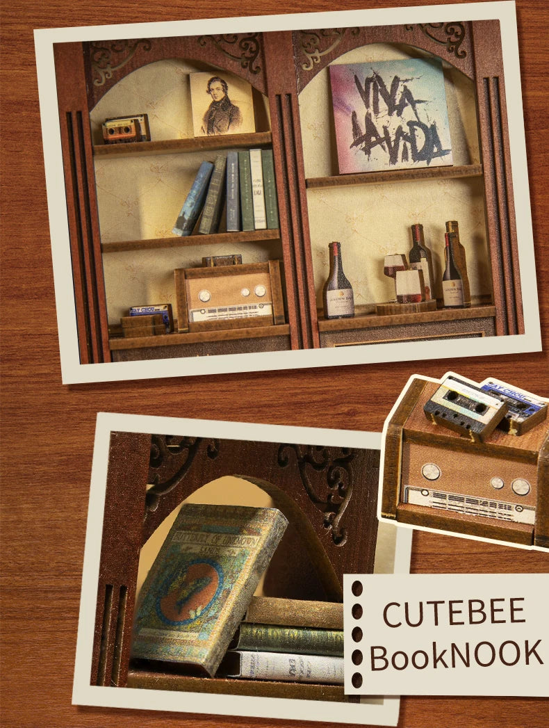 CUTEBEE Book Nook Kit Secret Rhythm DIY Miniature Dollhouse Bookshelf Insert Touch Light Dust Cover Gift