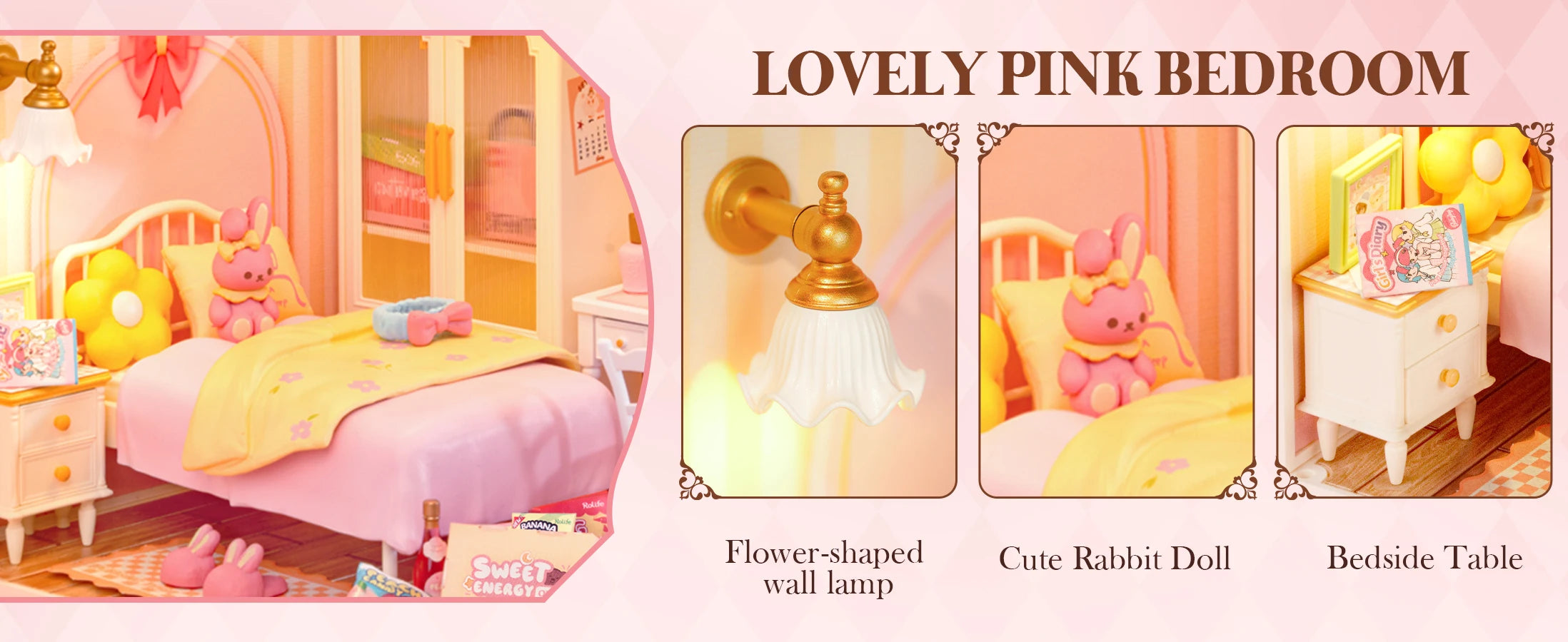 Robotime Rolife 3D Puzzle Lovely Pink Bedroom DIY Miniature House Kit Building Blocks Gift Girls Kids
