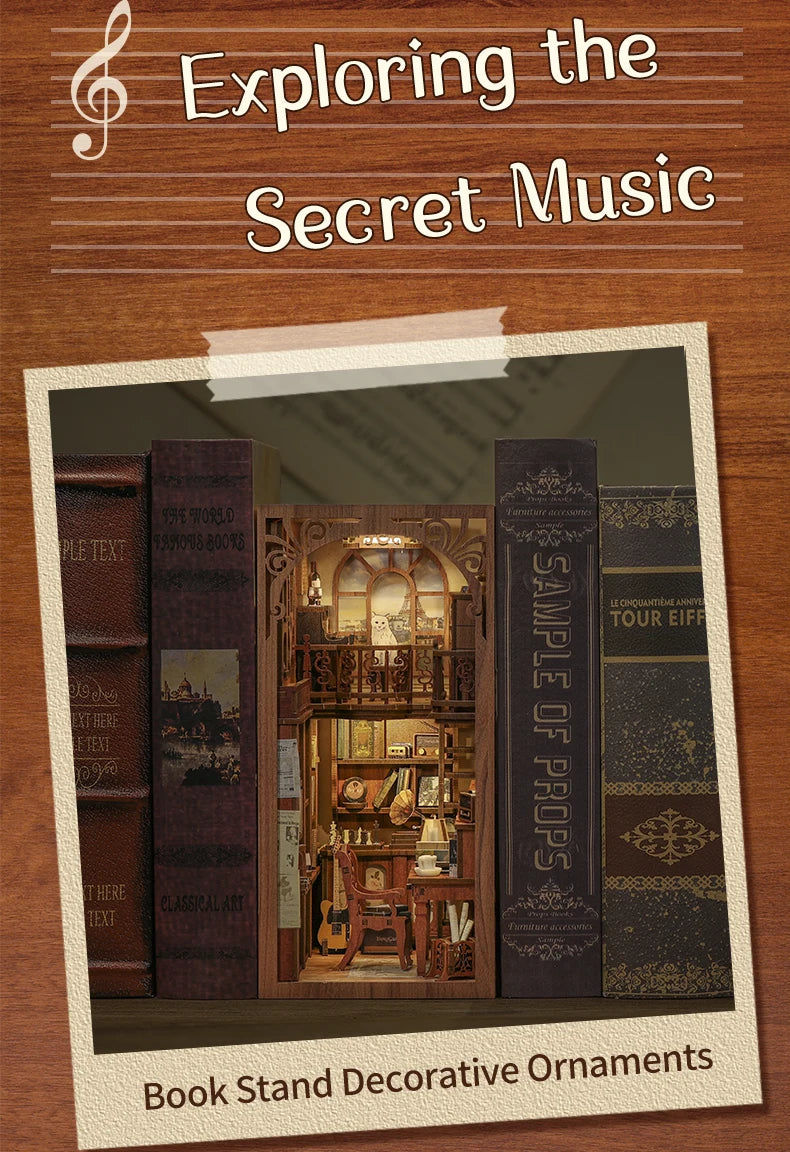 CUTEBEE Book Nook Kit Secret Rhythm DIY Miniature Dollhouse Bookshelf Insert Touch Light Dust Cover Gift
