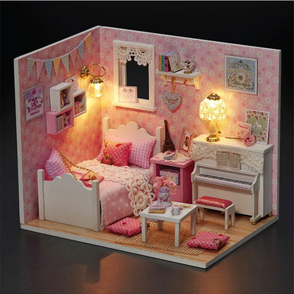 Kitten Mini Dollhouse 3D Puzzle Assembly Kit Creative Bedroom Decor with Furniture Wooden Craft Gift