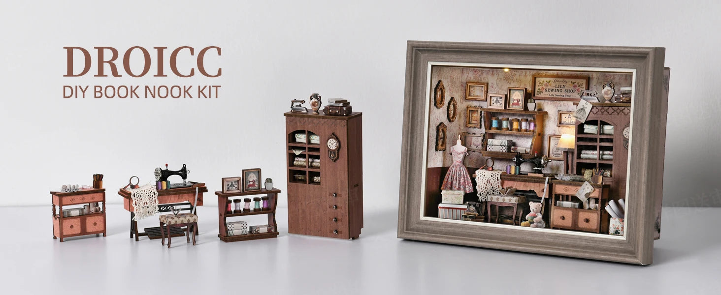 Robotime Book Nook Kit Tailor's Shop DIY Wooden Puzzle Bookshelf Insert Decor Gift for Adults Teens