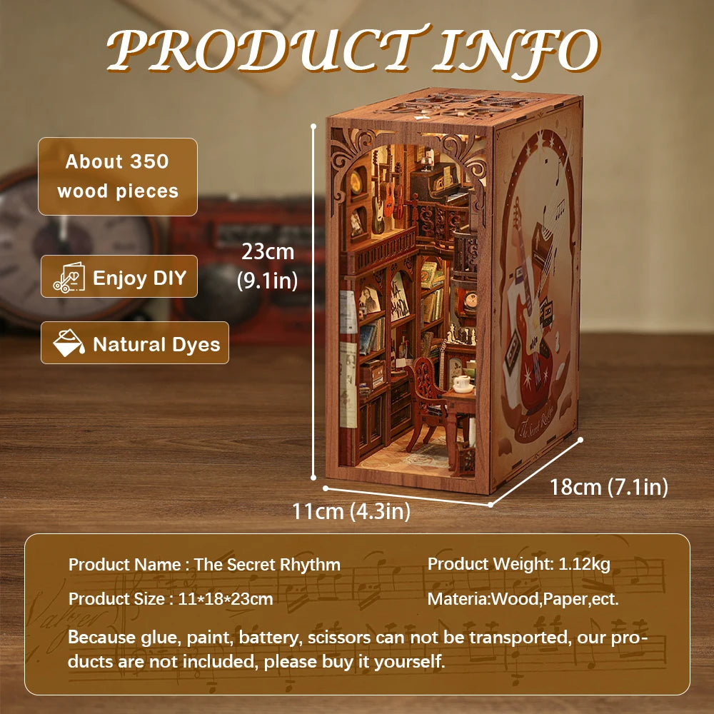 CUTEBEE Book Nook Kit Secret Rhythm DIY Miniature Dollhouse Bookshelf Insert Touch Light Dust Cover Gift