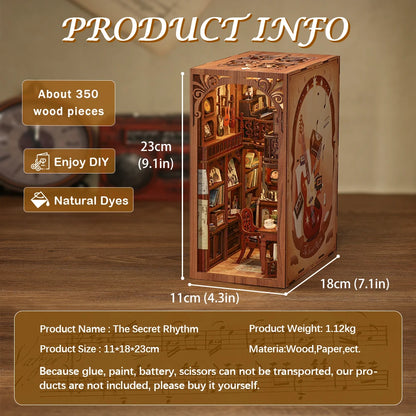 CUTEBEE Book Nook Kit Secret Rhythm DIY Miniature Dollhouse Bookshelf Insert Touch Light Dust Cover Gift
