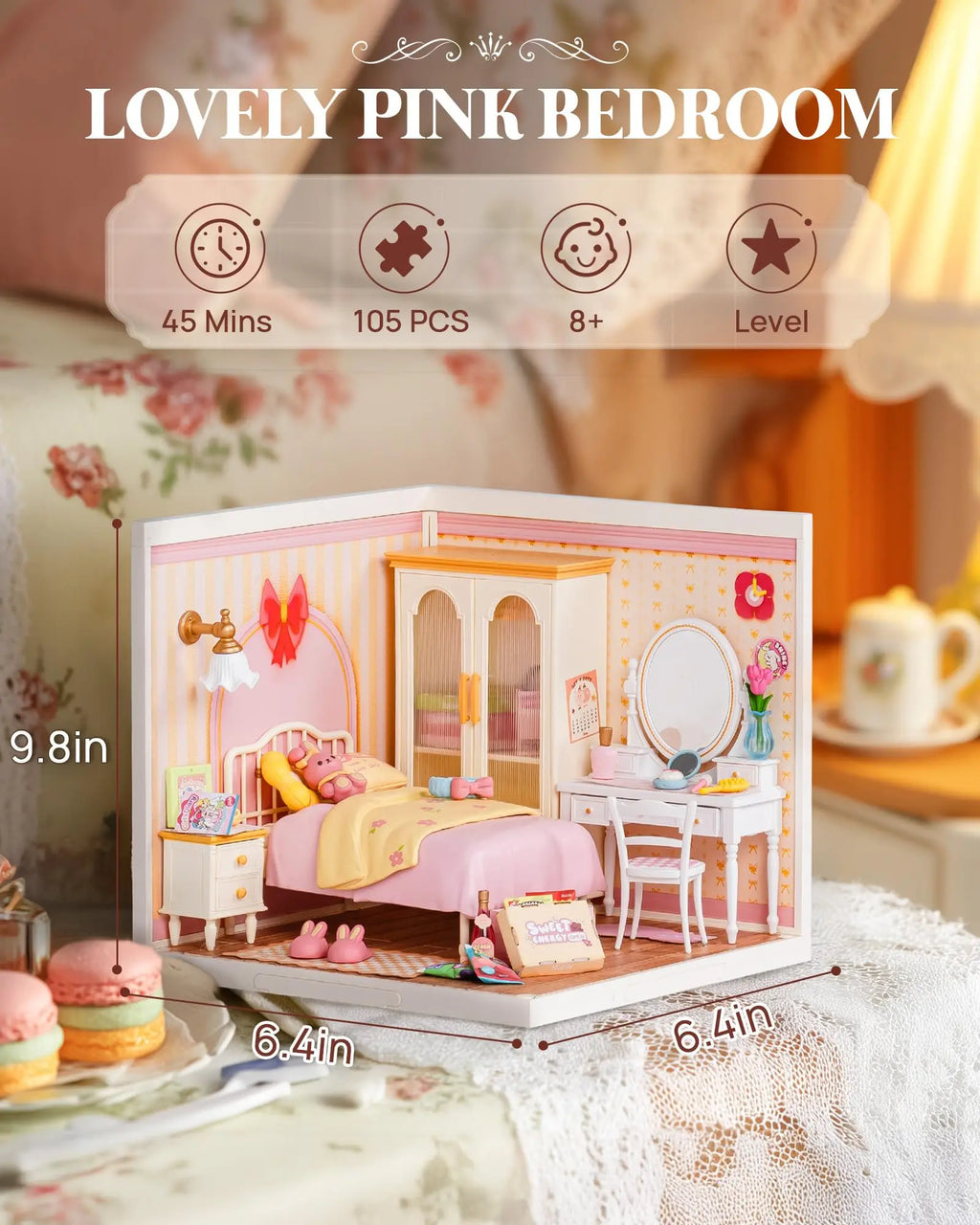 Robotime Rolife 3D Puzzle Lovely Pink Bedroom DIY Miniature House Kit Building Blocks Gift Girls Kids