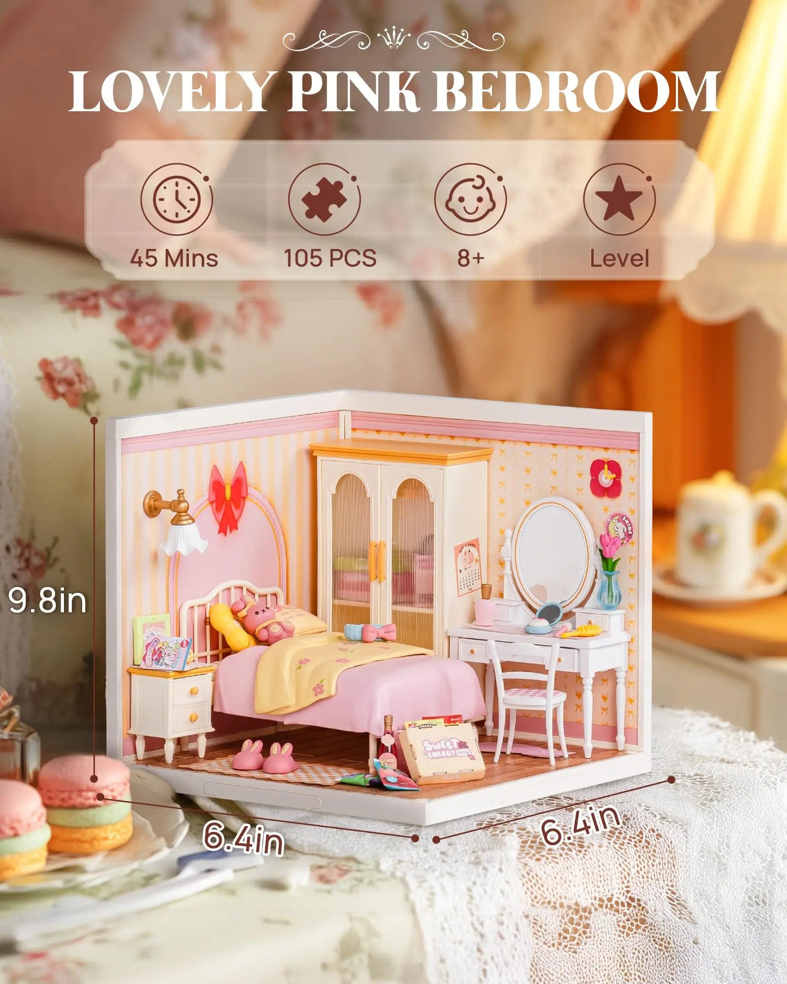 Robotime Rolife 3D Puzzle Lovely Pink Bedroom DIY Miniature House Kit Building Blocks Gift Girls Kids