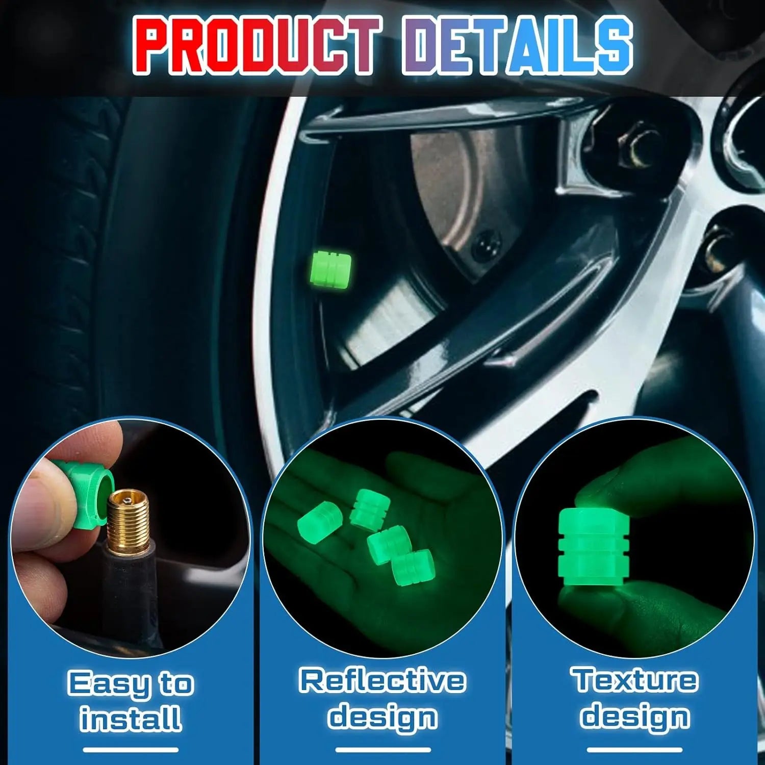 4 luminous tire valve caps, fluorescent valve stem covers, and universal car tire covers are suitable for cars and accessories