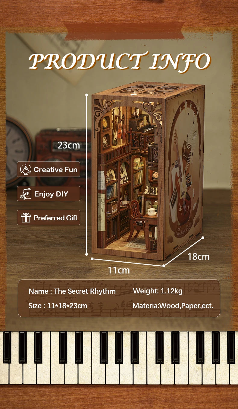 CUTEBEE Book Nook Kit Secret Rhythm DIY Miniature Dollhouse Bookshelf Insert Touch Light Dust Cover Gift