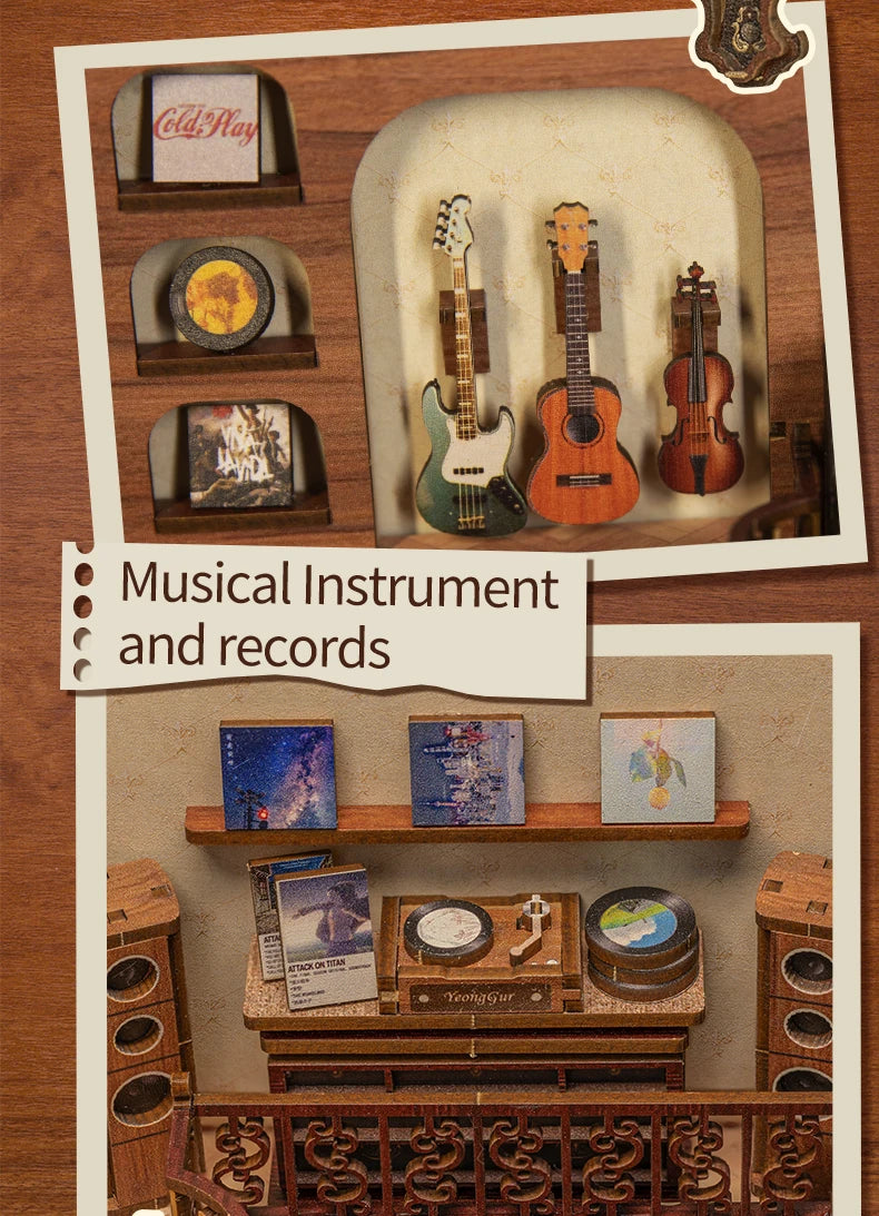CUTEBEE Book Nook Kit Secret Rhythm DIY Miniature Dollhouse Bookshelf Insert Touch Light Dust Cover Gift