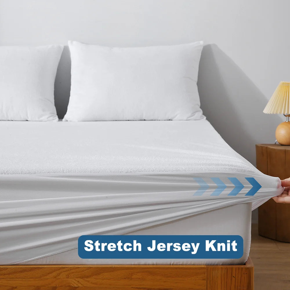 1pc Soft Terry Cloth Waterproof Elastic Fitted Sheet, Breathable Terry Mattress Protector Knitted Bed Cover with Deep Pocket