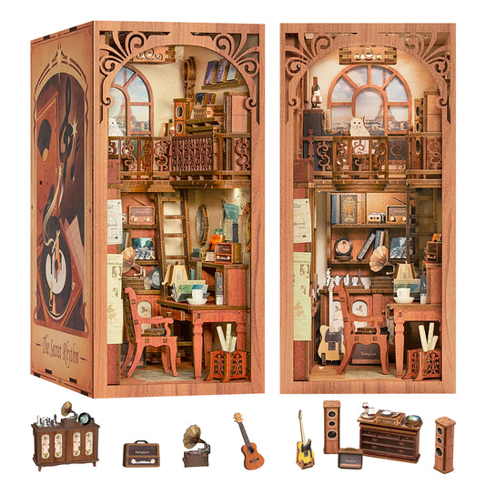 CUTEBEE Book Nook Kit Secret Rhythm DIY Miniature Dollhouse Bookshelf Insert Touch Light Dust Cover Gift