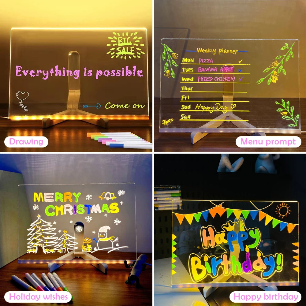DIY LED Note Board Night Light Colorful 7 Pens Acrylic Message Drawing Board Kids Birthday Gift
