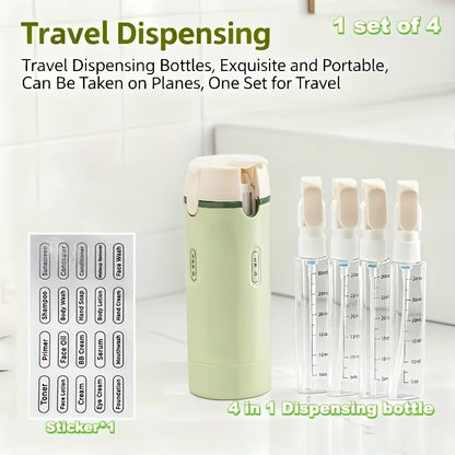 4-in-1 Travel Dispenser Bottle, Leak-Proof Refillable Silicone Squeeze Container with Lock, Compact and Lightweight Toiletry Organizer, Easy to Carry, Ideal for Business Trips, Vacations, and Frequent Travelers