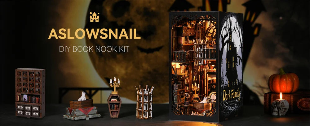 Robotime Book Nook Kit Dark Family Gothic Halloween DIY Wooden Puzzle Bookshelf Insert Decor Gift