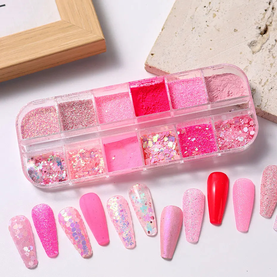 12Grid Pink Glitter Nail Powder Mixed Holographic Hexagon Irregular Flakes Sliced Sparkly Crystal Sequins Pigment Manicure Decor