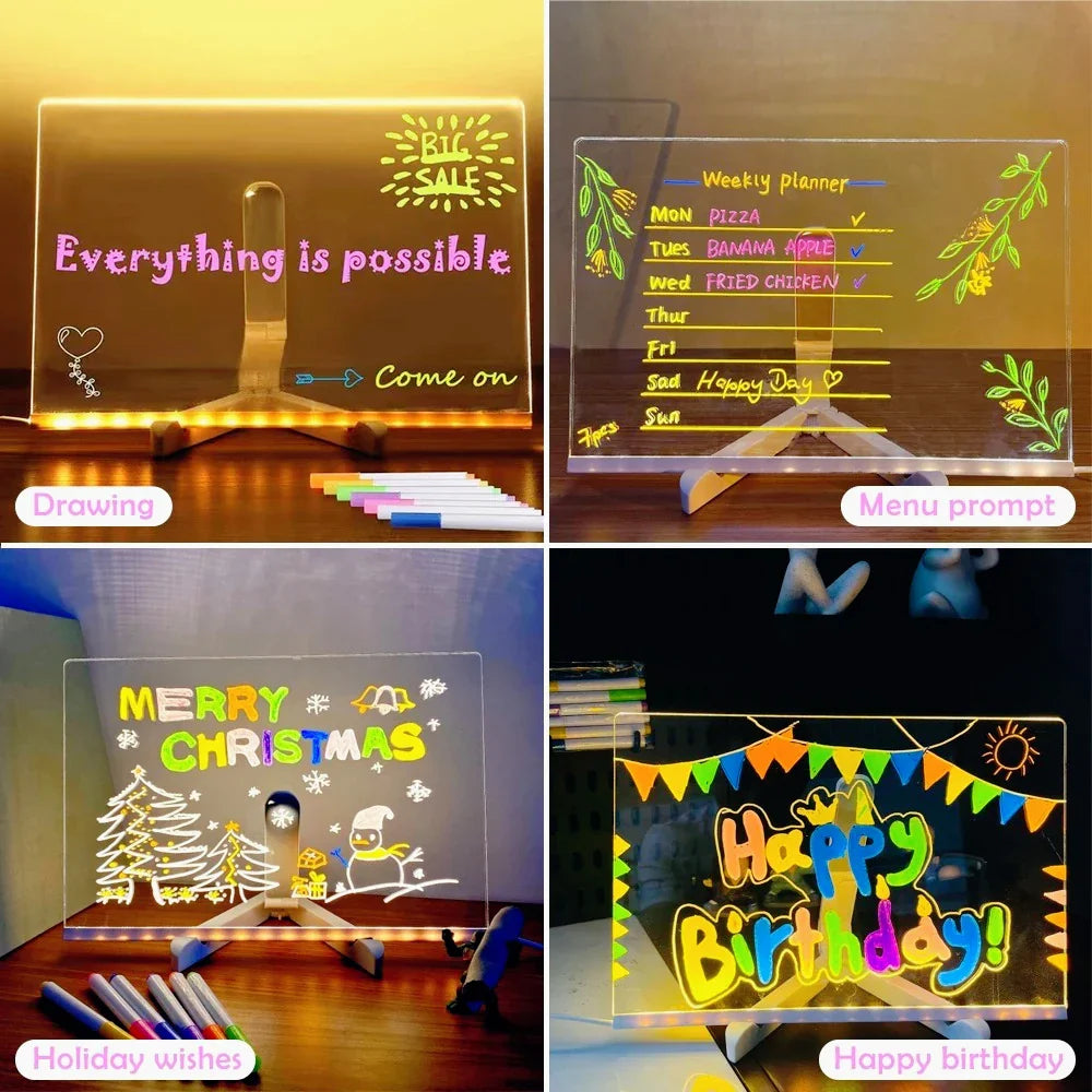 DIY LED Note Board With Night Light Colorful 7 Pens Acrylic Message Board Children‘s Drawing Board For Kids Birthday Gift