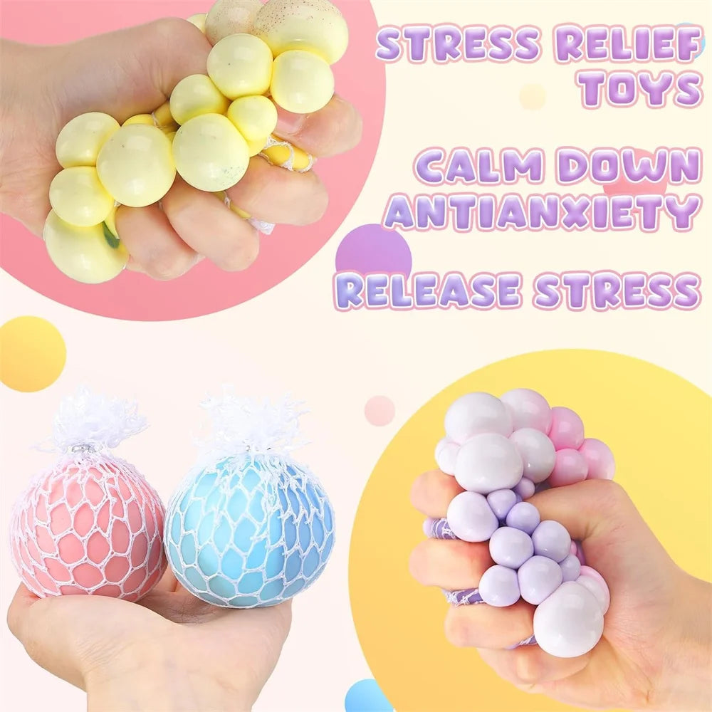 Colorful Mesh Grape Squeeze Balls Rainbow Squishy Ball Sensory Stress Ball Fidget Toys for Stress Relief Office Birthday Gift