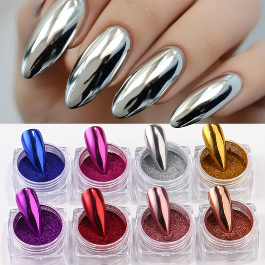 8 Box Chrome Mirror Nail Powder Metallic Silver Gold Blue Nail Art Glitter Rubbing Pigment Flakes Dust For DIY Luxury Manicures