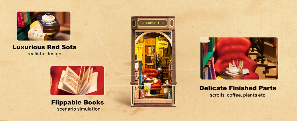 Robotime Book Nook Kit Bookstore TGB07 DIY Miniature Bookshelf Insert with Lights Gift Adults Kids