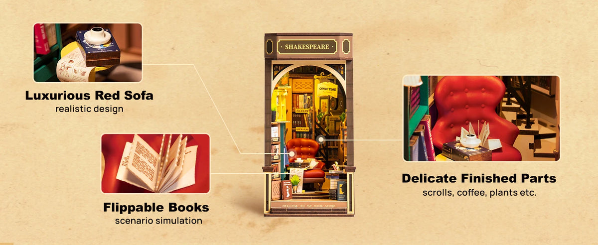 Robotime Book Nook Kit Bookstore TGB07 DIY Miniature Bookshelf Insert with Lights Gift Adults Kids