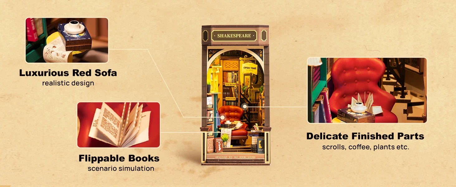 Robotime Book Nook Kit Bookstore TGB07 DIY Miniature Bookshelf Insert with Lights Gift Adults Kids