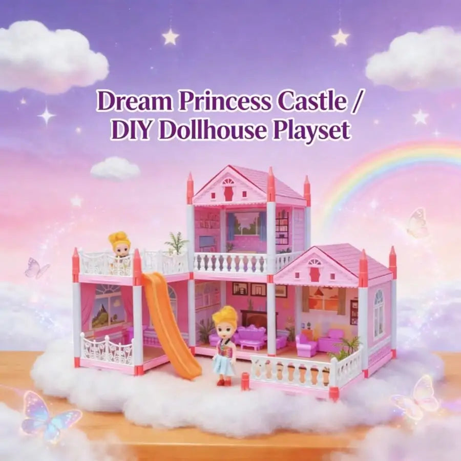 Children's Day Best Gift Princess Castle Dollhouse Playset, DIY Pink 4-Room House with Slide & Dolls, Creative Pretend Play Toy for Girls Ages 3-12