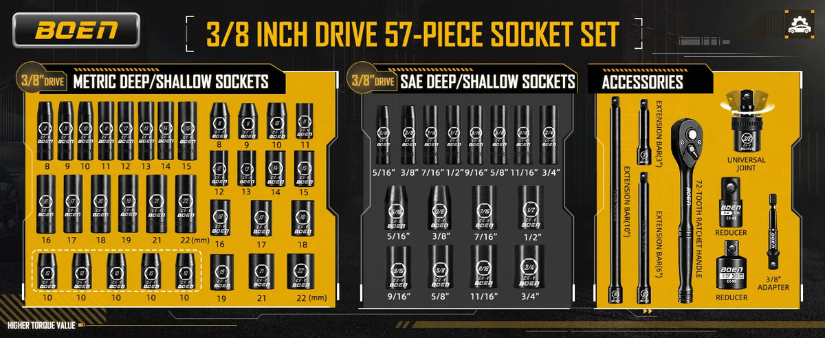 BOEN 3/8" Drive Impact Socket Set, 57-Piece Standard SAE (5/16 to 3/4 inch) and Metric (8-22mm), Include Ratchet Handle,