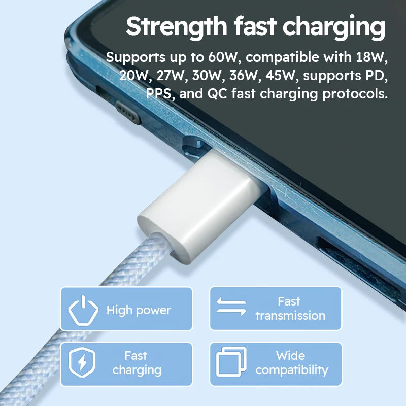 3PCS 6FT 60W Nylon Braided Fast Charge Cable Suitable For Type-C Interface Mobile Phone,laptops And All Kinds Of Tablets