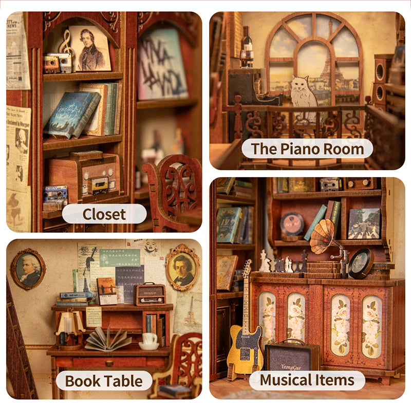 CUTEBEE Book Nook Kit Secret Rhythm DIY Miniature Dollhouse Bookshelf Insert Touch Light Dust Cover Gift