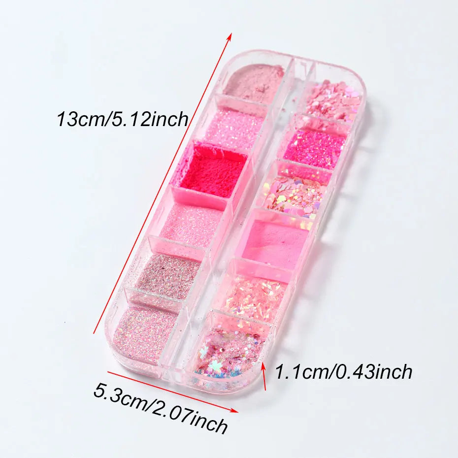 12Grid Pink Glitter Nail Powder Mixed Holographic Hexagon Irregular Flakes Sliced Sparkly Crystal Sequins Pigment Manicure Decor