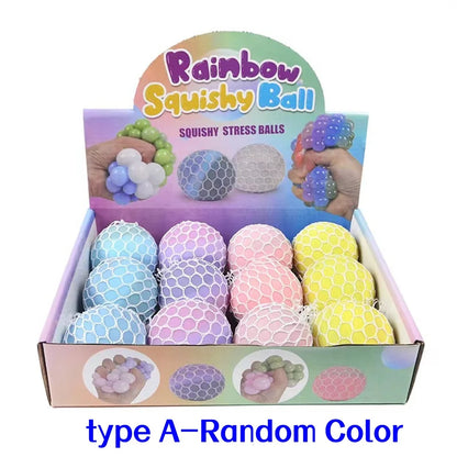 Colorful Mesh Grape Squeeze Balls Rainbow Squishy Ball Sensory Stress Ball Fidget Toys for Stress Relief Office Birthday Gift