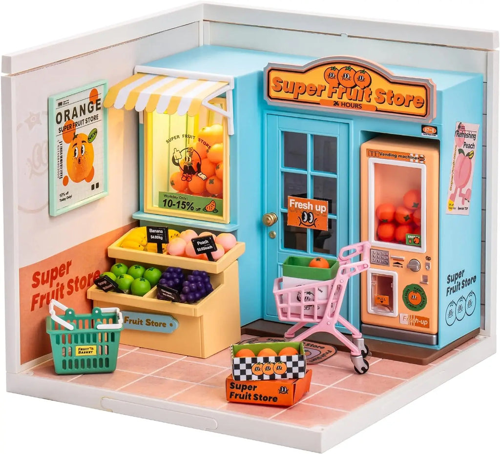 Robotime Mini Dollhouse Kit 1:20 Fruit Store Cafe with LED Lights DIY Gift for Teens Adults