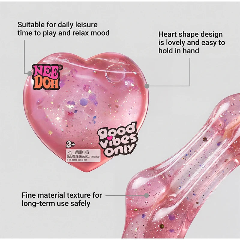 NeeDoh Style Heart Shaped Stress Reliever Super Soft Squishy Gel with Uplifting Vibes Sensory Fidget Gadget for Anxiety Relief