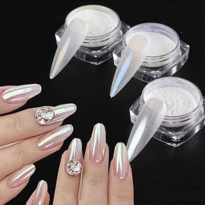 Moonlight Pearl White Nails Glitter Dust Chrome Aurora White Rubbing on Powder Shell Mirror Pigment Nail Art Supplies Decoration