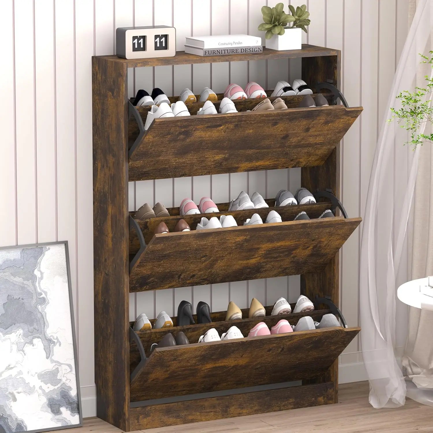 Shoe Cabinet with 3 Flip Drawers, Hidden Wood Shoe Cabinet,Freestanding Shoe Storage Cabinet for Entryway, Customized