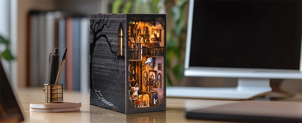 Robotime Book Nook Kit Dark Family Gothic Halloween DIY Wooden Puzzle Bookshelf Insert Decor Gift