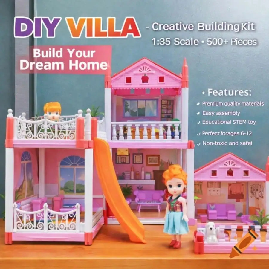 Children's Day Best Gift Princess Castle Dollhouse Playset, DIY Pink 4-Room House with Slide & Dolls, Creative Pretend Play Toy for Girls Ages 3-12