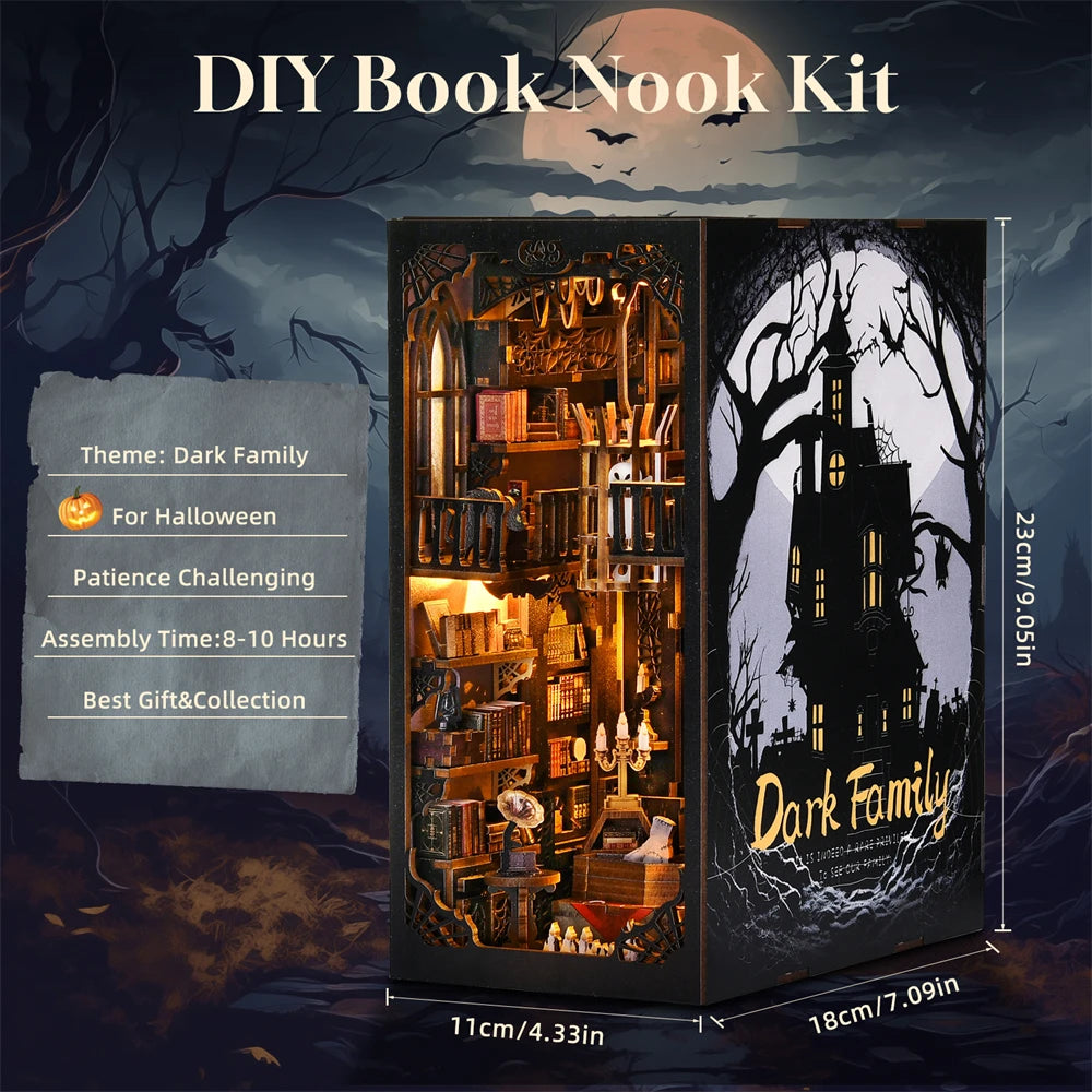 Robotime Book Nook Kit Dark Family Gothic Halloween DIY Wooden Puzzle Bookshelf Insert Decor Gift