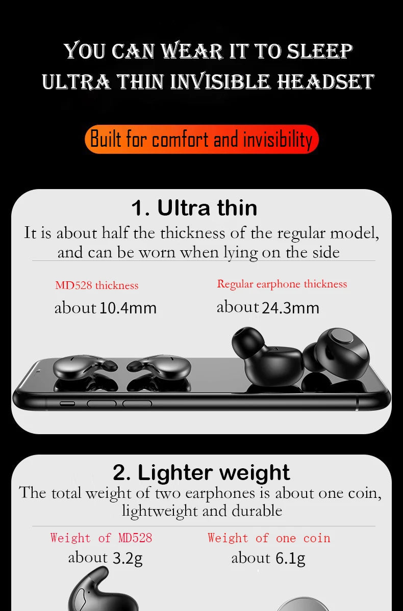 SK Sleep Headphones Bluetooth 5.3 Ultra-Thin Invisible Wireless Earbuds Waterproof Sport Button Control
