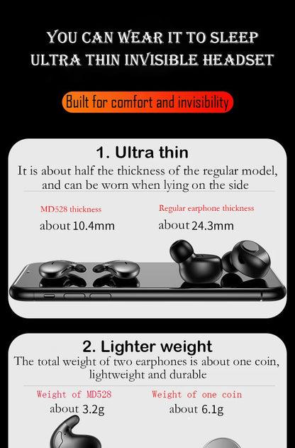 SK Sleep Headphones Bluetooth 5.3 Ultra-Thin Invisible Wireless Earbuds Waterproof Sport Button Control